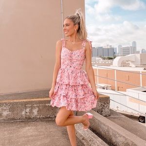 Pink floral ruffle mini dress